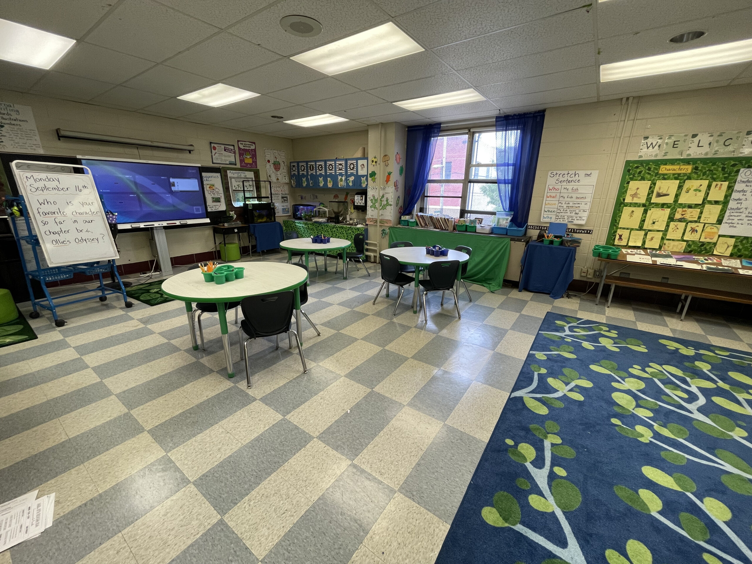 A picture of a classroom showing a rug, SMART Board, bulletin boards, and a few tables.