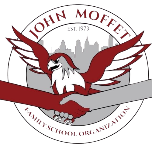 Moffet Family School Logo. The Moffet Hawk with 2 hands shaking in front of it.